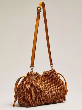 Anthropologie Celandine Beaded Cinched Clutch Bag in Light Brown NWT